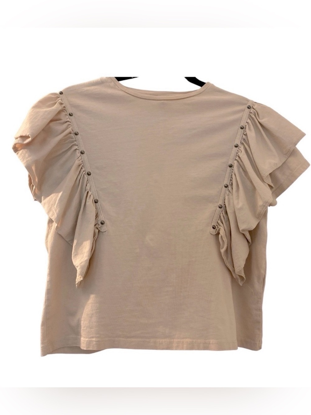 ZARA T-shirt, size 13 14, flutter sleeves with a ruffle overlay and brass studs.